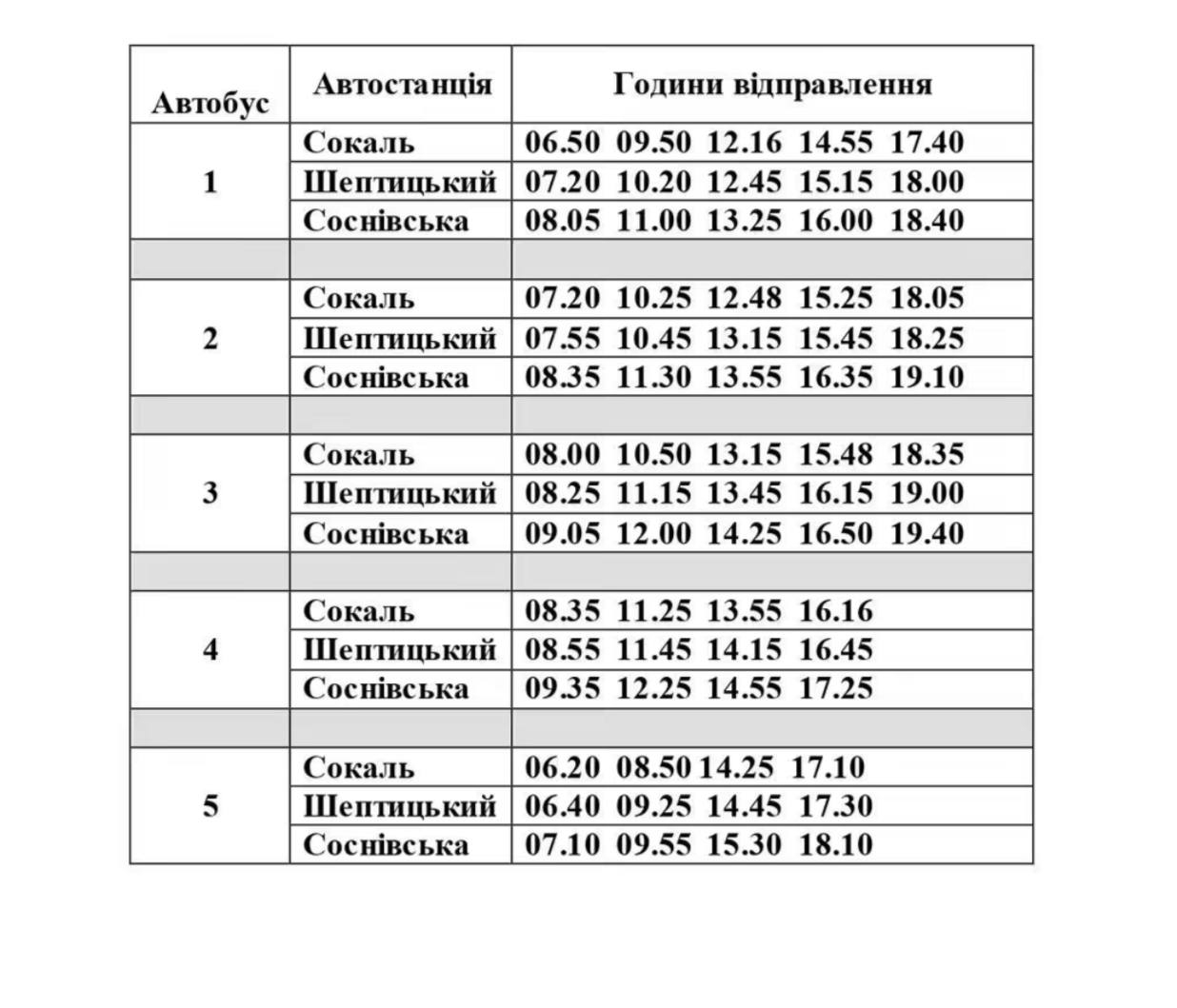 Розклад автобусів Сокаль — Шептицький — Соснівка: актуальний графік